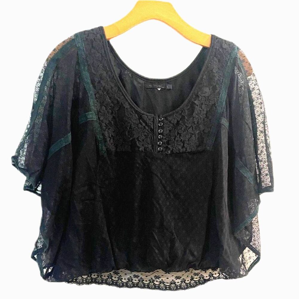 90s Vintage Sheer Lace Crop Top Size L Black Floral Scoop Neck Y2K Grunge